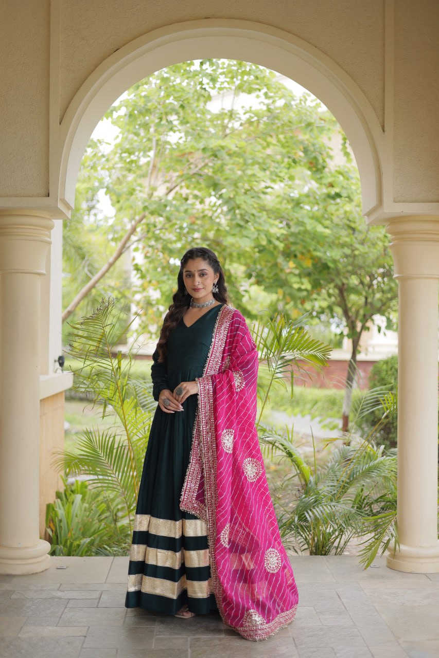 Tanvi Green Reyon Gota Patti Gown with Dupatta