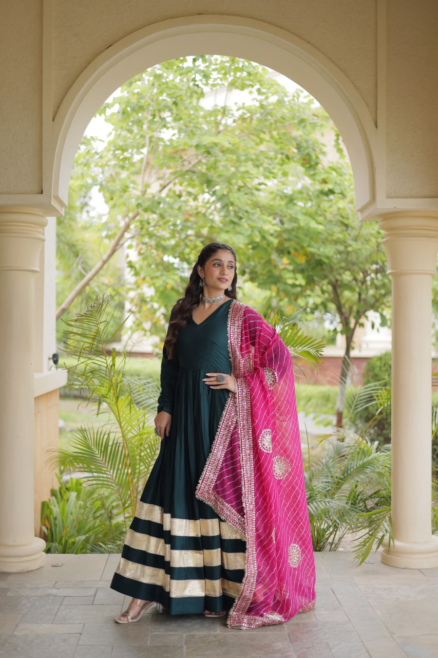 Tanvi Green Reyon Gota Patti Gown with Dupatta