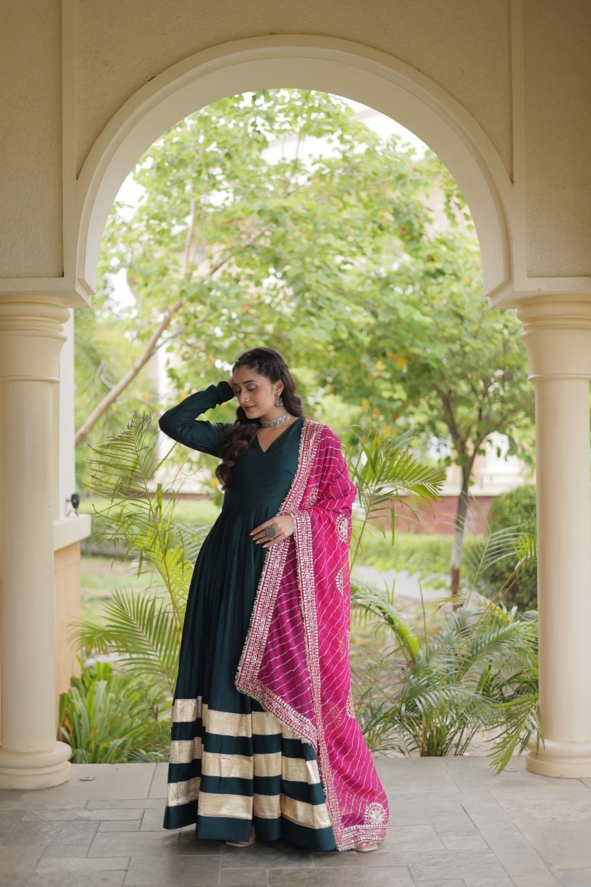 Tanvi Green Reyon Gota Patti Gown with Dupatta
