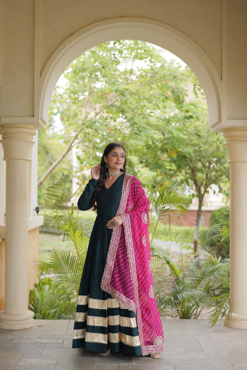 Tanvi Green Reyon Gota Patti Gown with Dupatta
