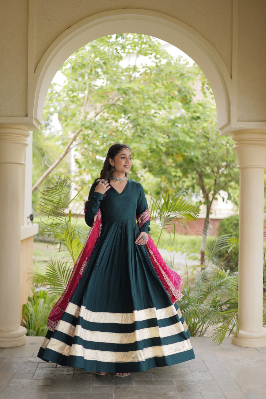 Tanvi Green Reyon Gota Patti Gown with Dupatta