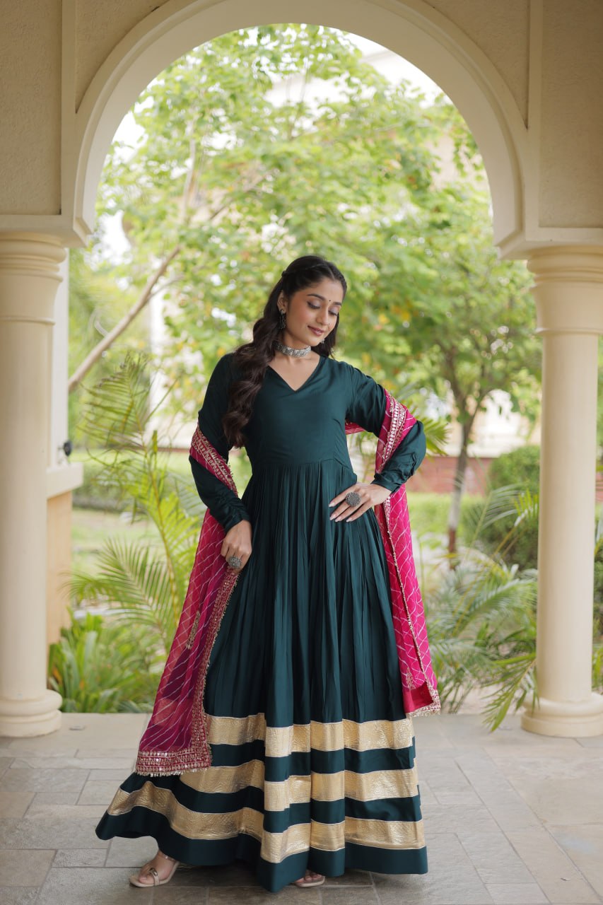 Tanvi Green Reyon Gota Patti Gown with Dupatta