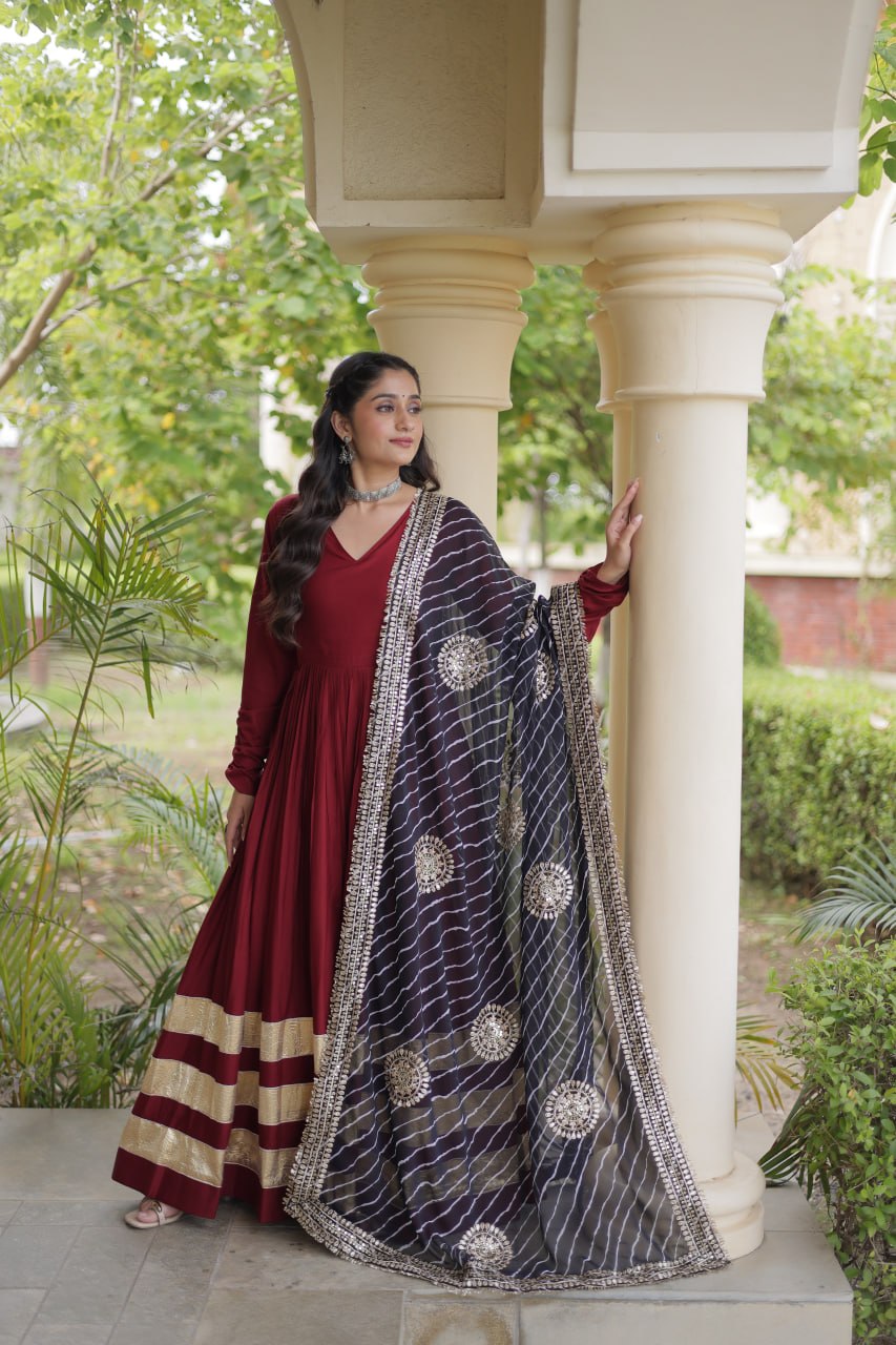 Tanvi Maroon Reyon Gota Patti Gown with Dupatta