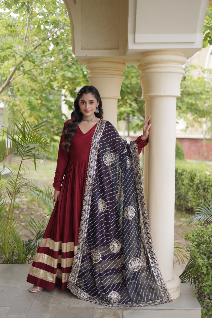Tanvi Maroon Reyon Gota Patti Gown with Dupatta
