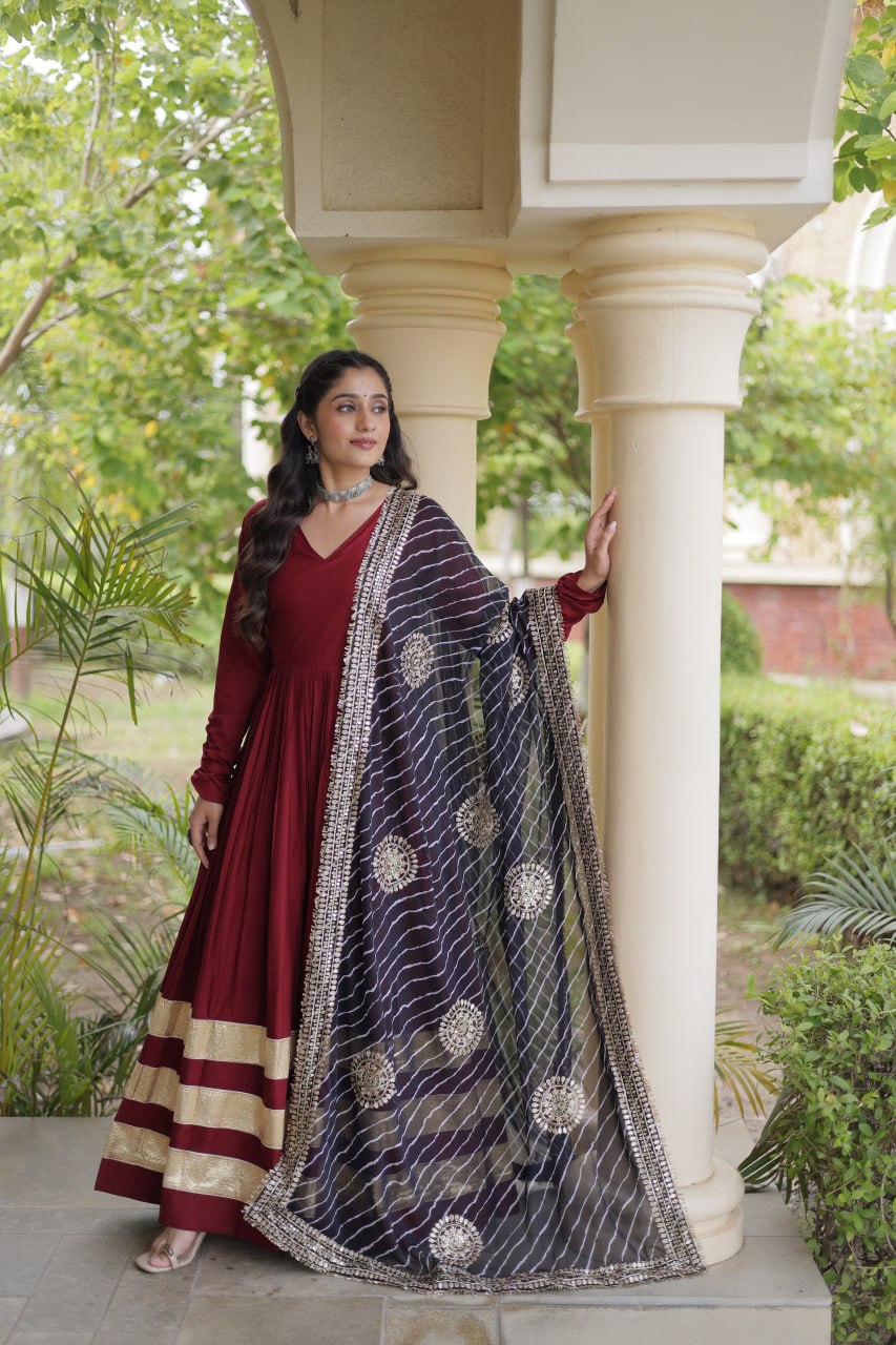 Tanvi Maroon Reyon Gota Patti Gown with Dupatta