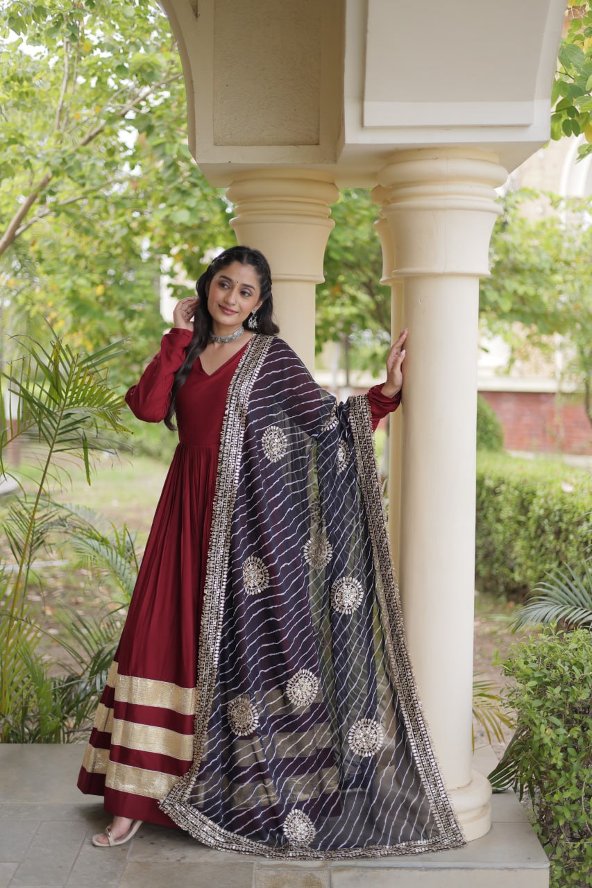Tanvi Maroon Reyon Gota Patti Gown with Dupatta