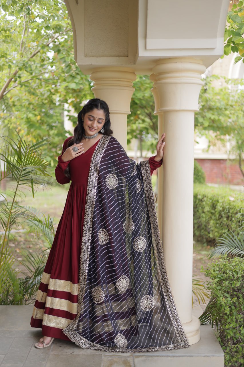 Tanvi Maroon Reyon Gota Patti Gown with Dupatta
