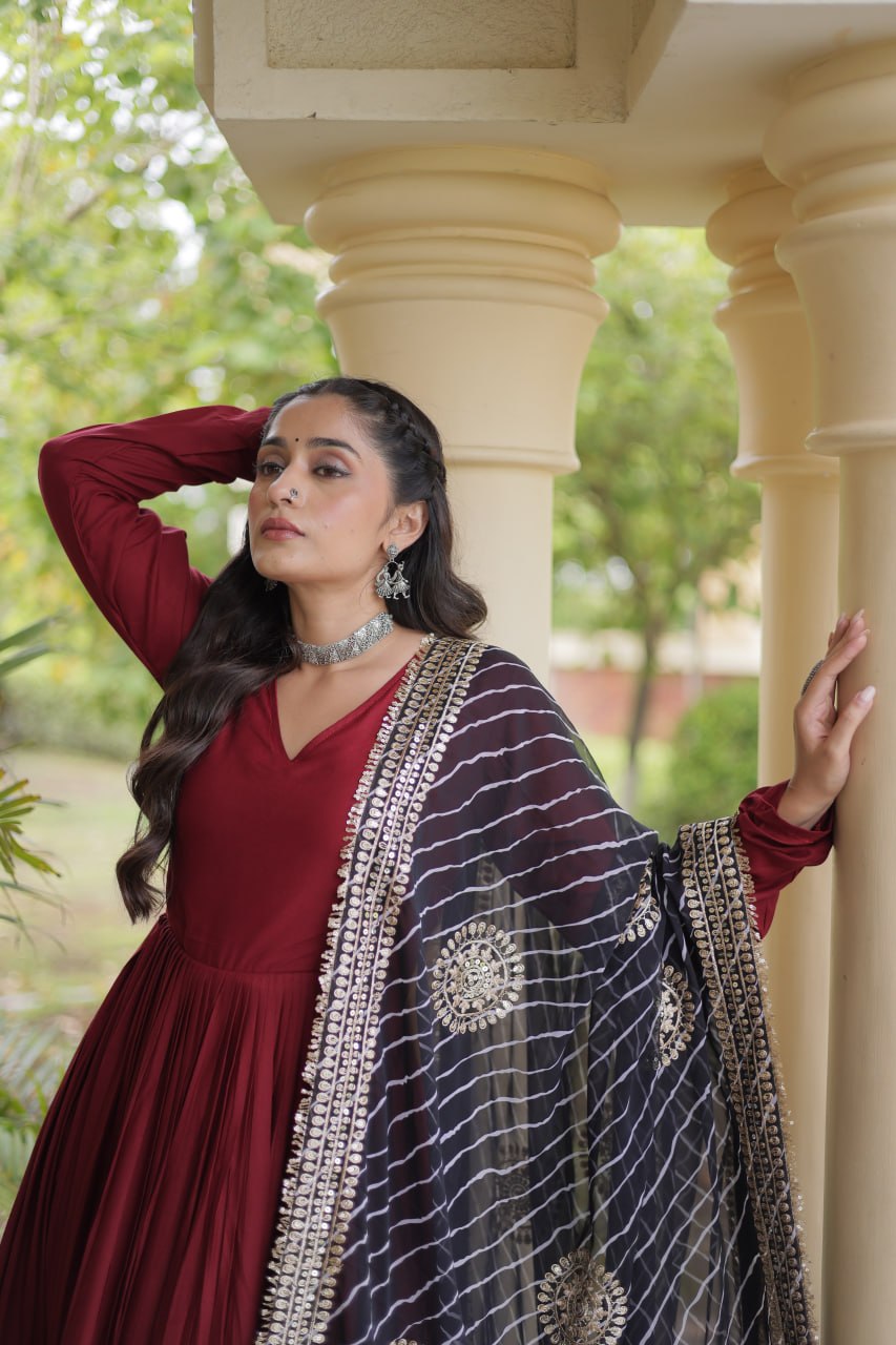 Tanvi Maroon Reyon Gota Patti Gown with Dupatta