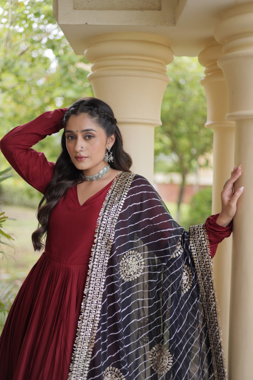Tanvi Maroon Reyon Gota Patti Gown with Dupatta