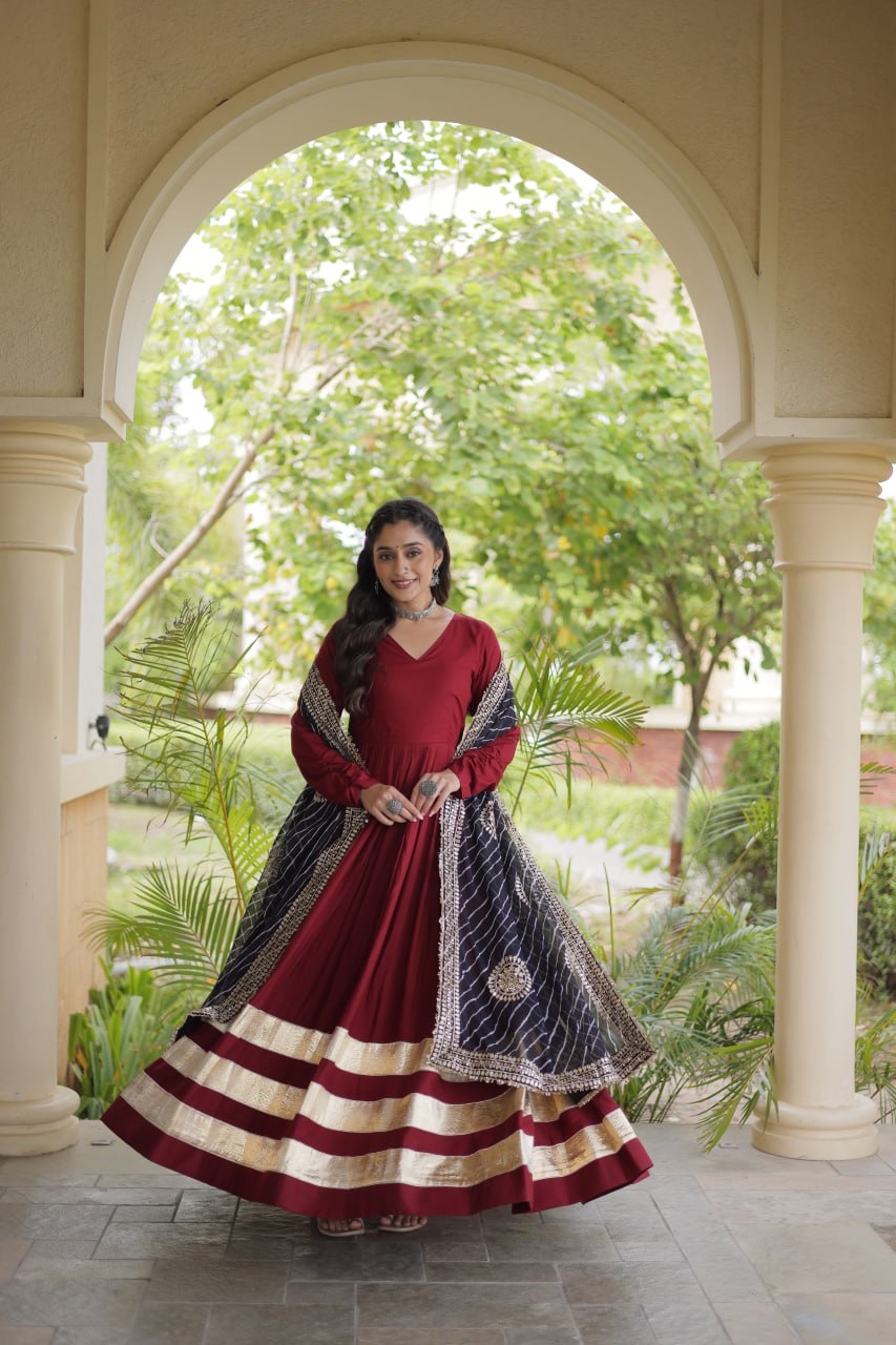 Tanvi Maroon Reyon Gota Patti Gown with Dupatta