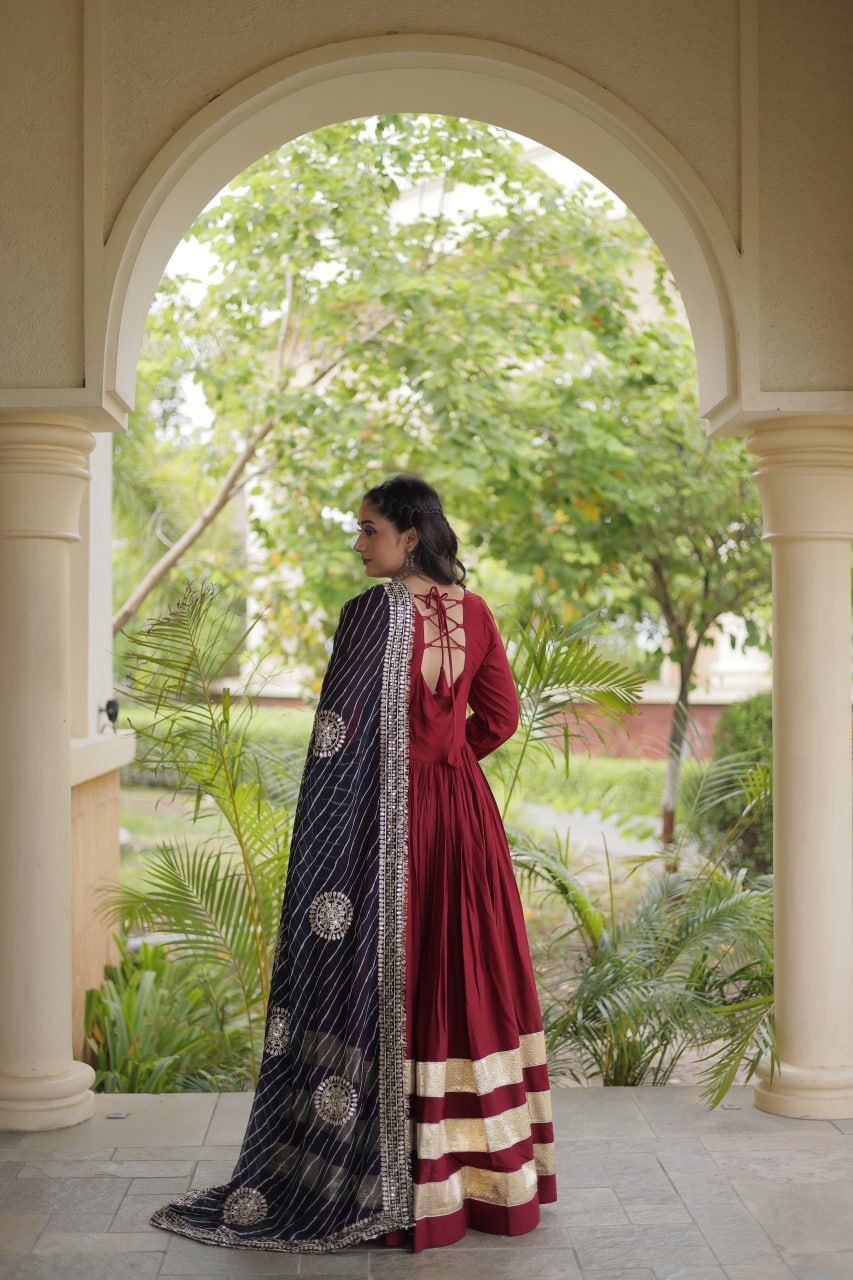 Tanvi Maroon Reyon Gota Patti Gown with Dupatta