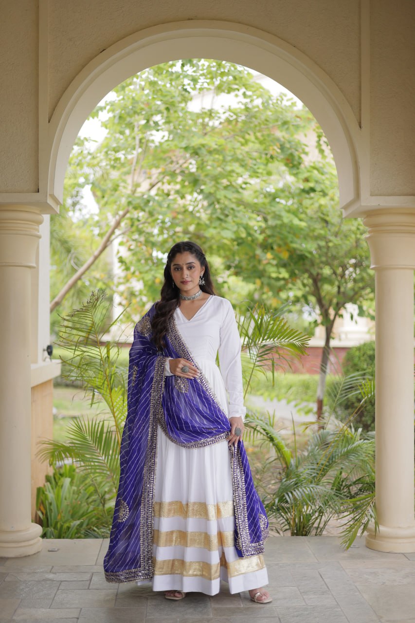 Tanvi White Reyon Gota Patti Gown with Dupatta