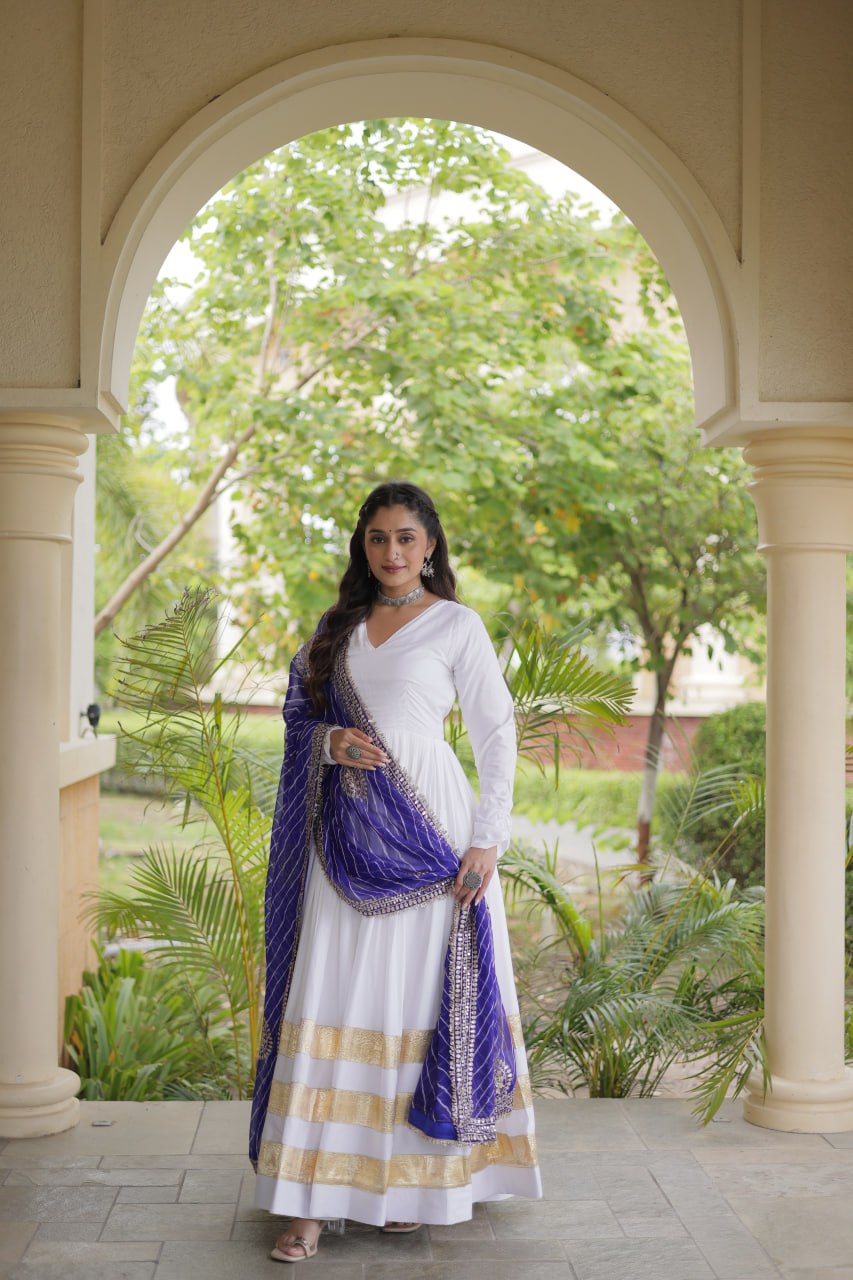 Tanvi White Reyon Gota Patti Gown with Dupatta