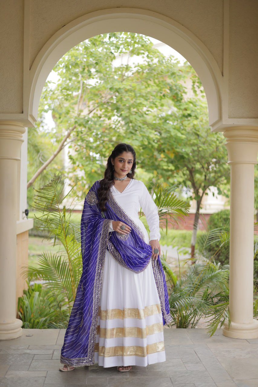 Tanvi White Reyon Gota Patti Gown with Dupatta