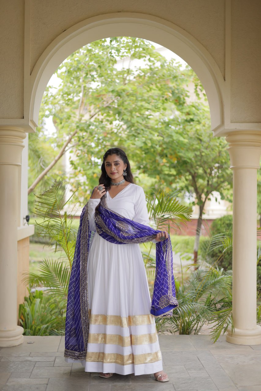 Tanvi White Reyon Gota Patti Gown with Dupatta