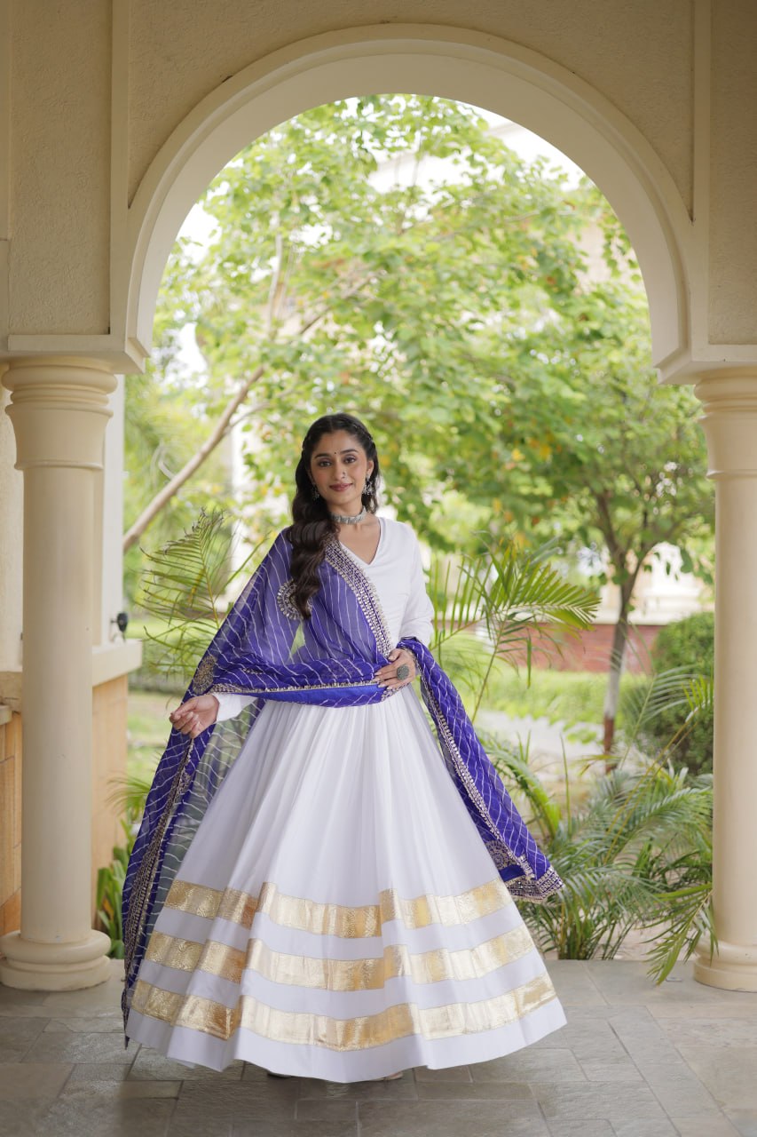 Tanvi White Reyon Gota Patti Gown with Dupatta