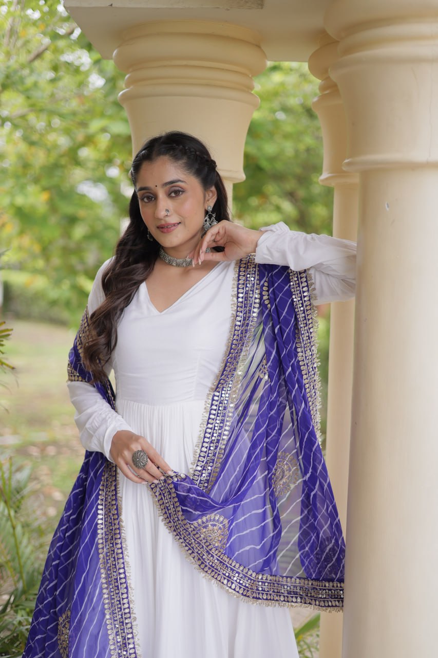 Tanvi White Reyon Gota Patti Gown with Dupatta