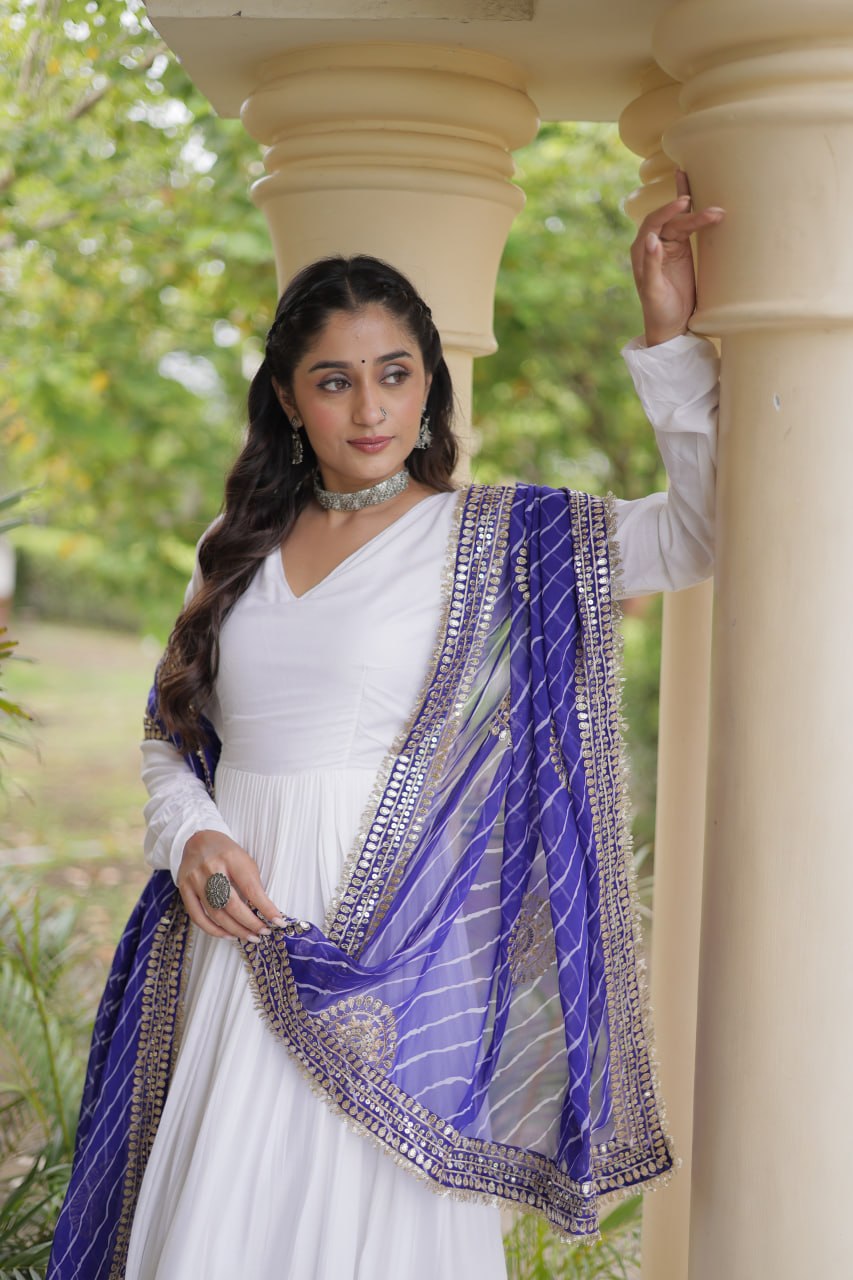Tanvi White Reyon Gota Patti Gown with Dupatta
