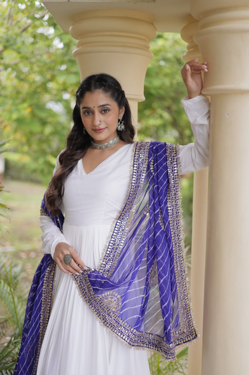 Tanvi White Reyon Gota Patti Gown with Dupatta