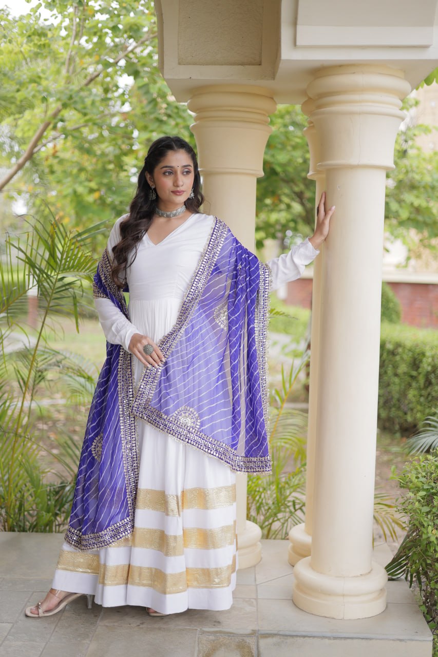 Tanvi White Reyon Gota Patti Gown with Dupatta