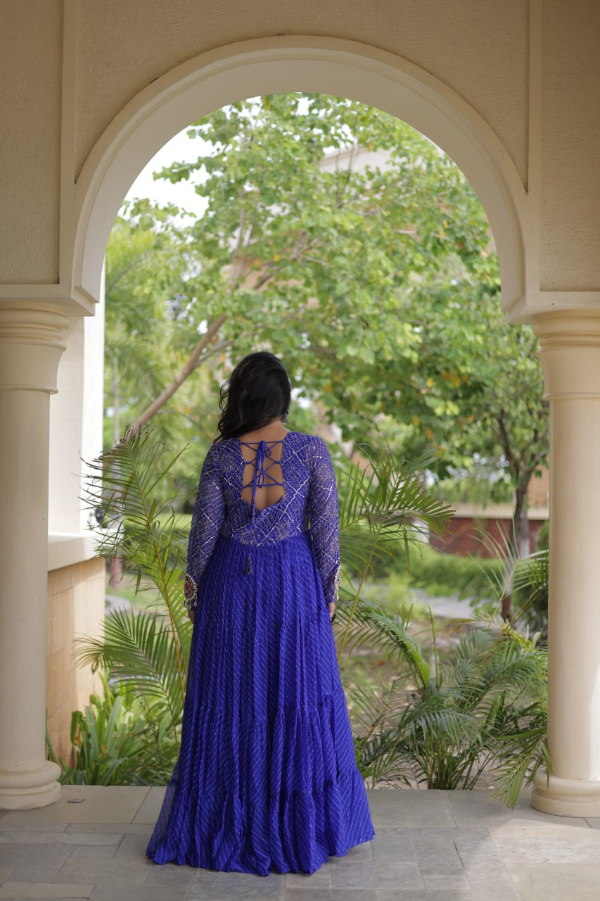 Jhanvi Blue Faux Georgette Laheriya Kutchi Patchwork Gown