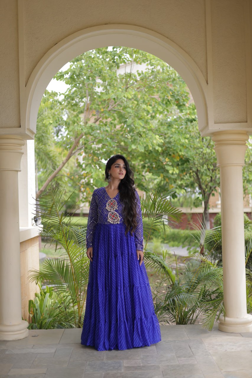 Jhanvi Blue Faux Georgette Laheriya Kutchi Patchwork Gown