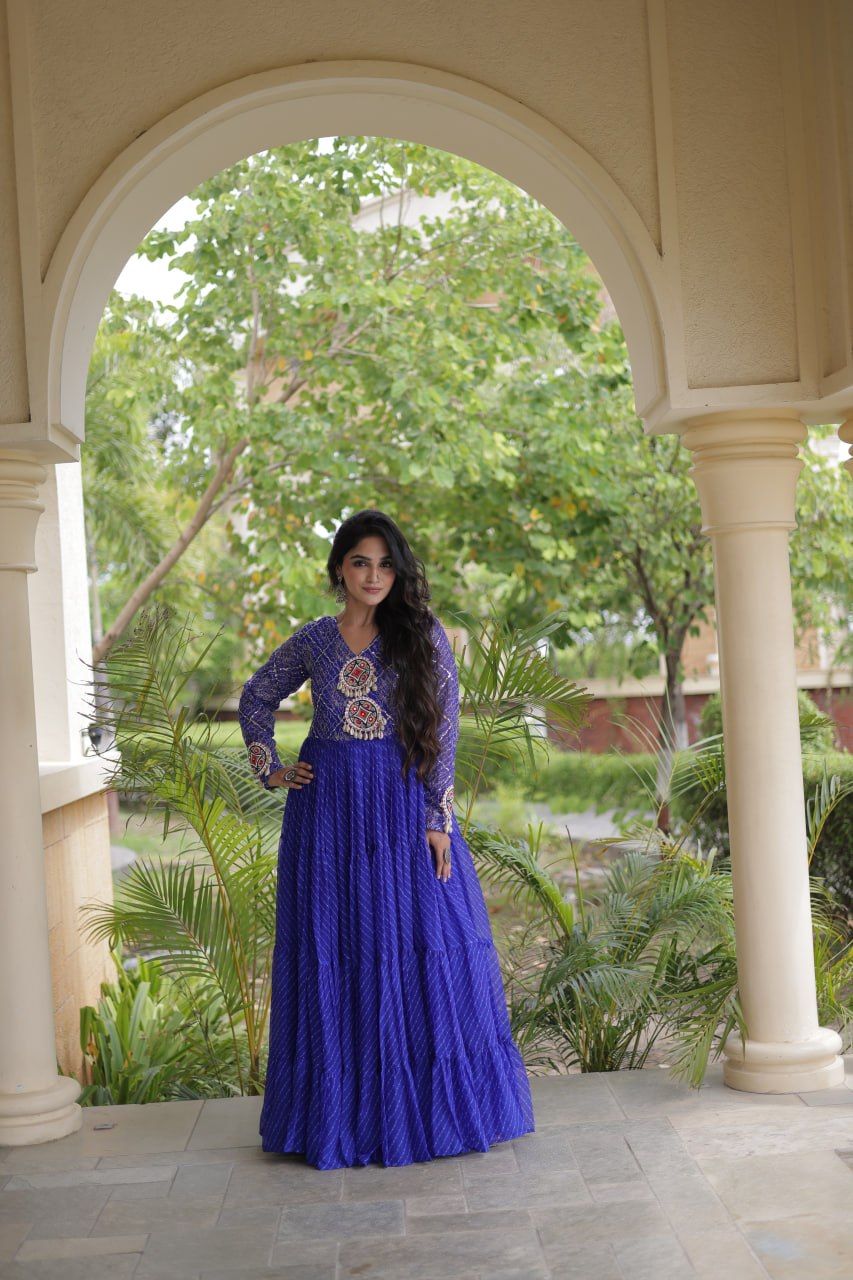 Jhanvi Blue Faux Georgette Laheriya Kutchi Patchwork Gown
