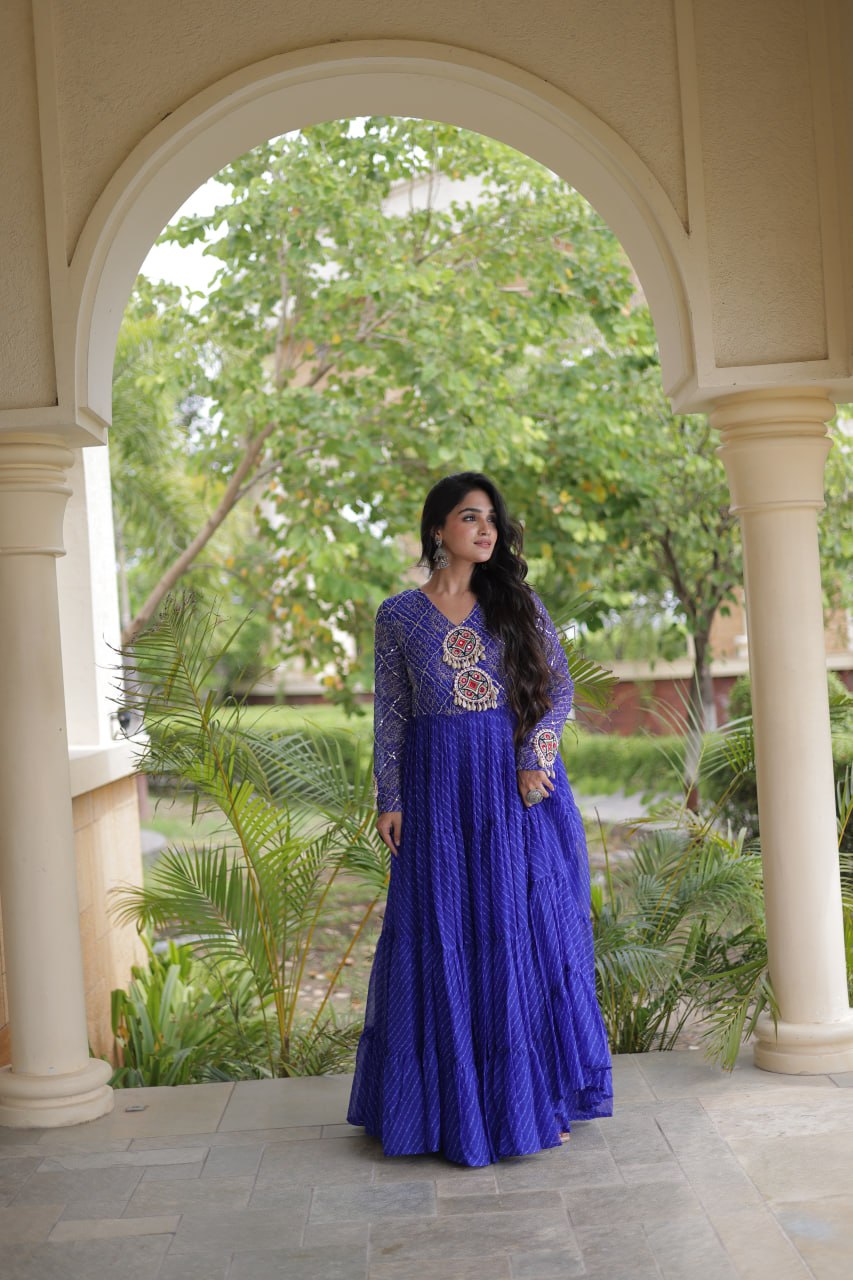Jhanvi Blue Faux Georgette Laheriya Kutchi Patchwork Gown