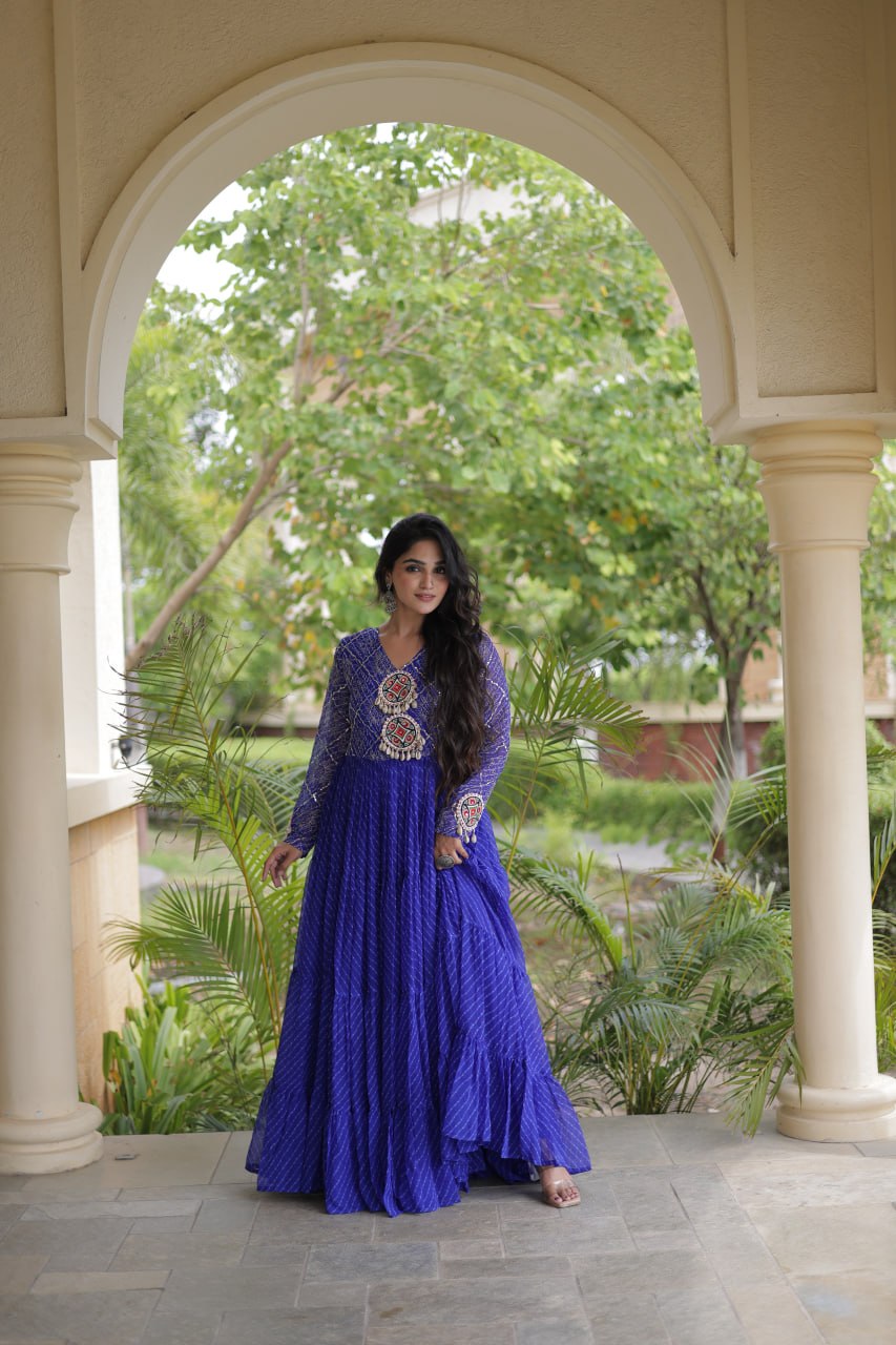 Jhanvi Blue Faux Georgette Laheriya Kutchi Patchwork Gown