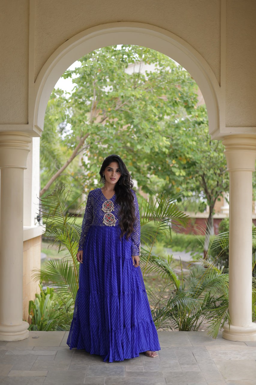 Jhanvi Blue Faux Georgette Laheriya Kutchi Patchwork Gown