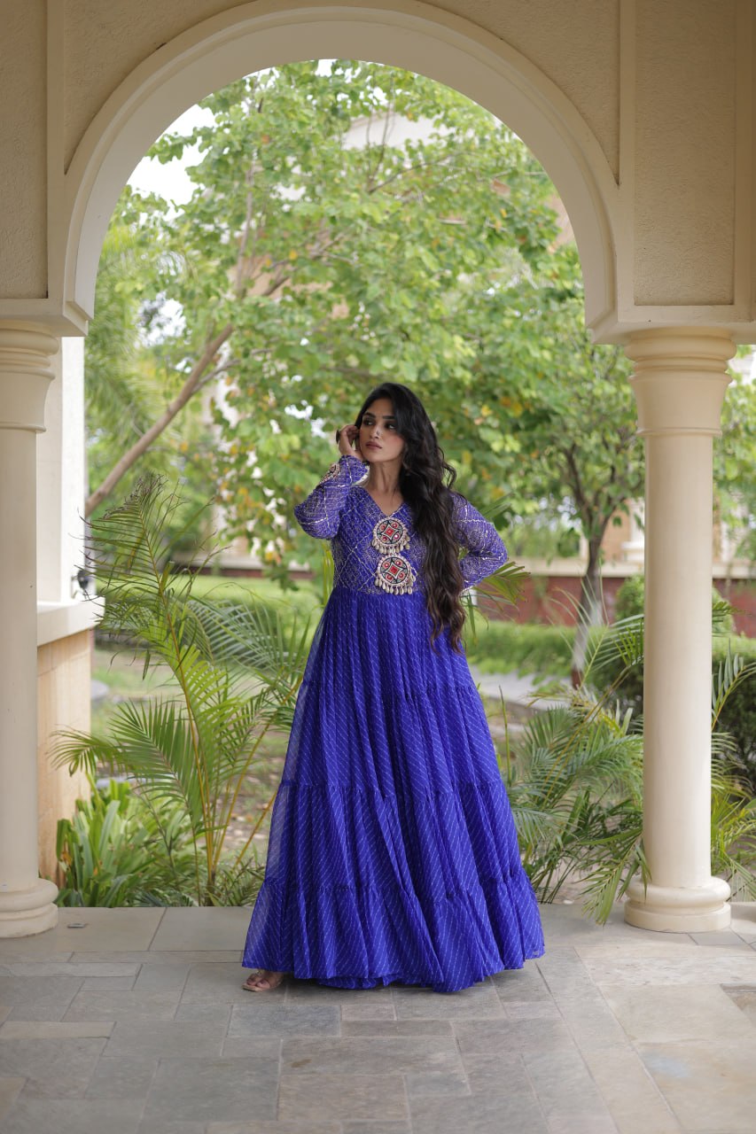 Jhanvi Blue Faux Georgette Laheriya Kutchi Patchwork Gown