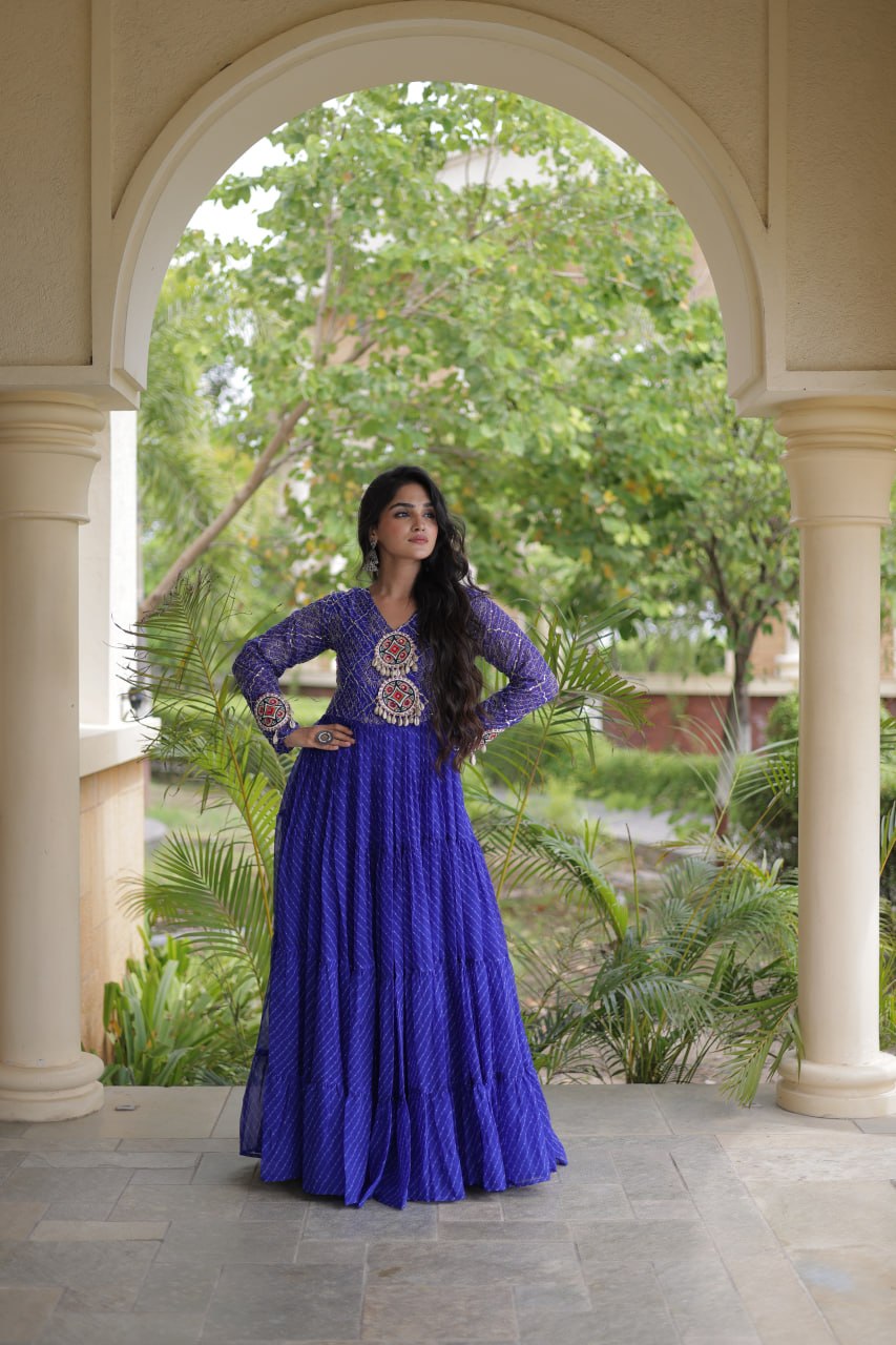 Jhanvi Blue Faux Georgette Laheriya Kutchi Patchwork Gown
