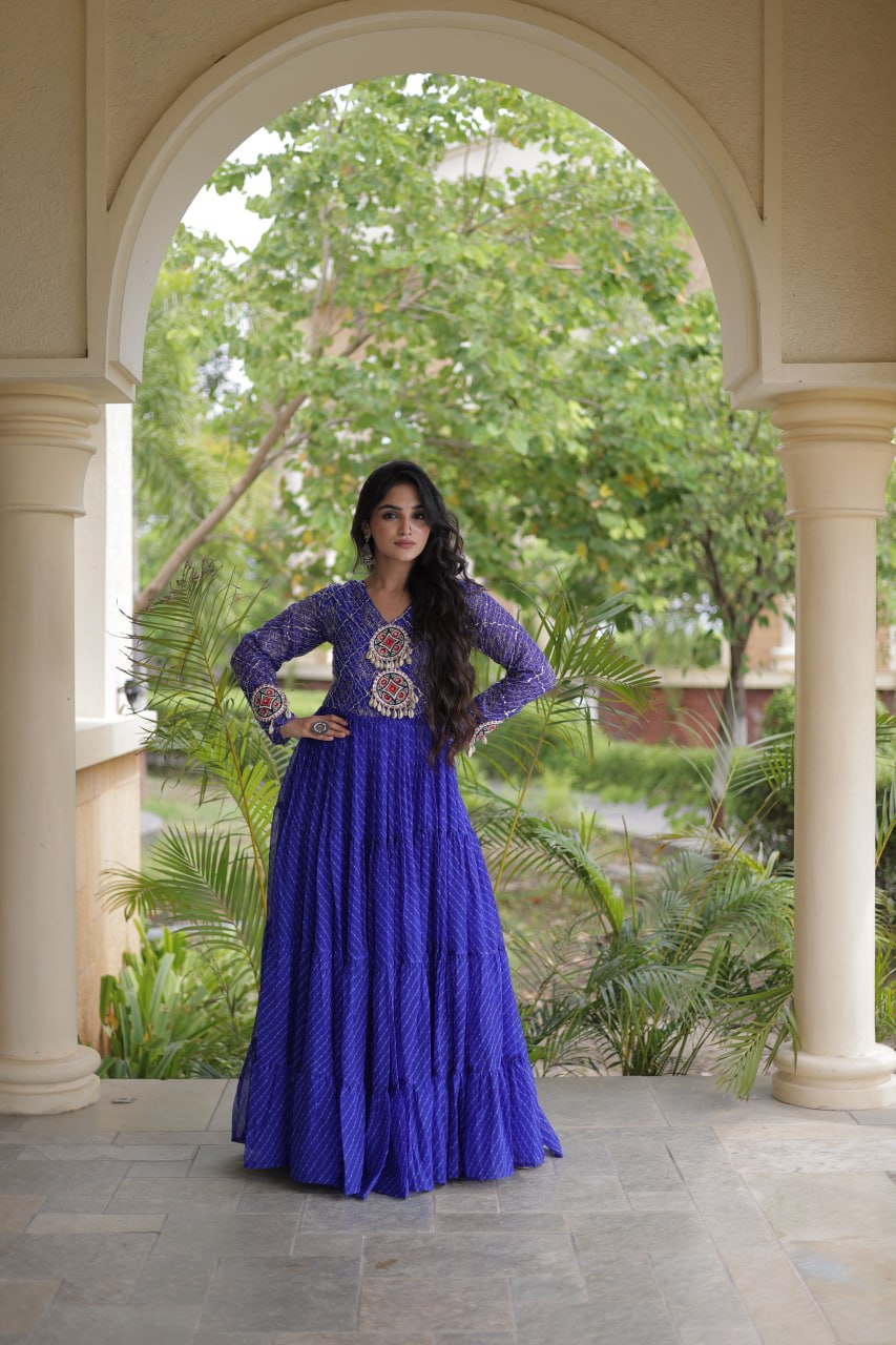 Jhanvi Blue Faux Georgette Laheriya Kutchi Patchwork Gown