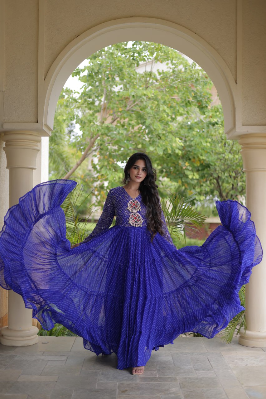Jhanvi Blue Faux Georgette Laheriya Kutchi Patchwork Gown