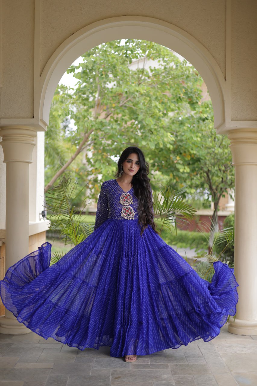 Jhanvi Blue Faux Georgette Laheriya Kutchi Patchwork Gown