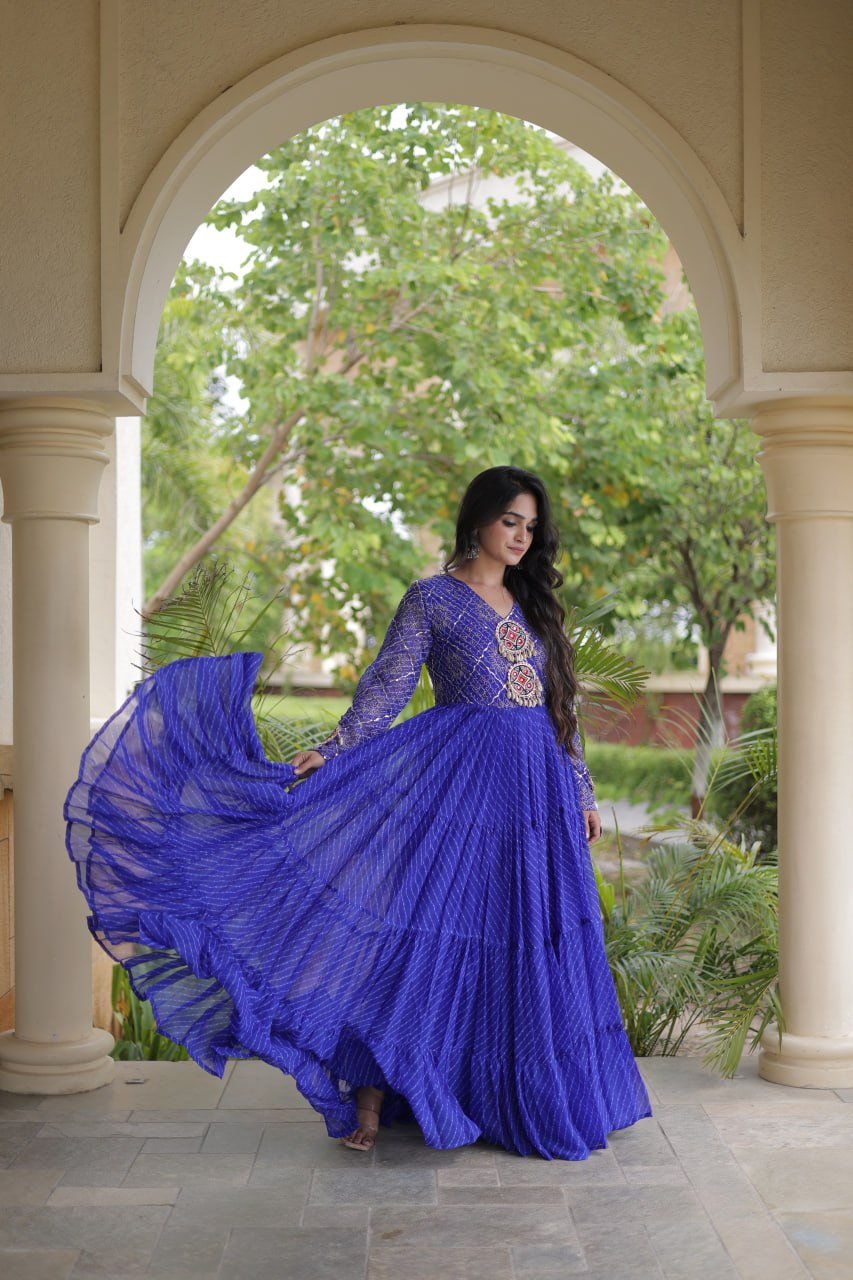 Jhanvi Blue Faux Georgette Laheriya Kutchi Patchwork Gown