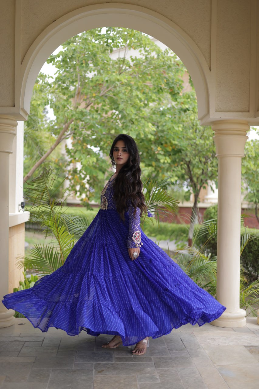 Jhanvi Blue Faux Georgette Laheriya Kutchi Patchwork Gown
