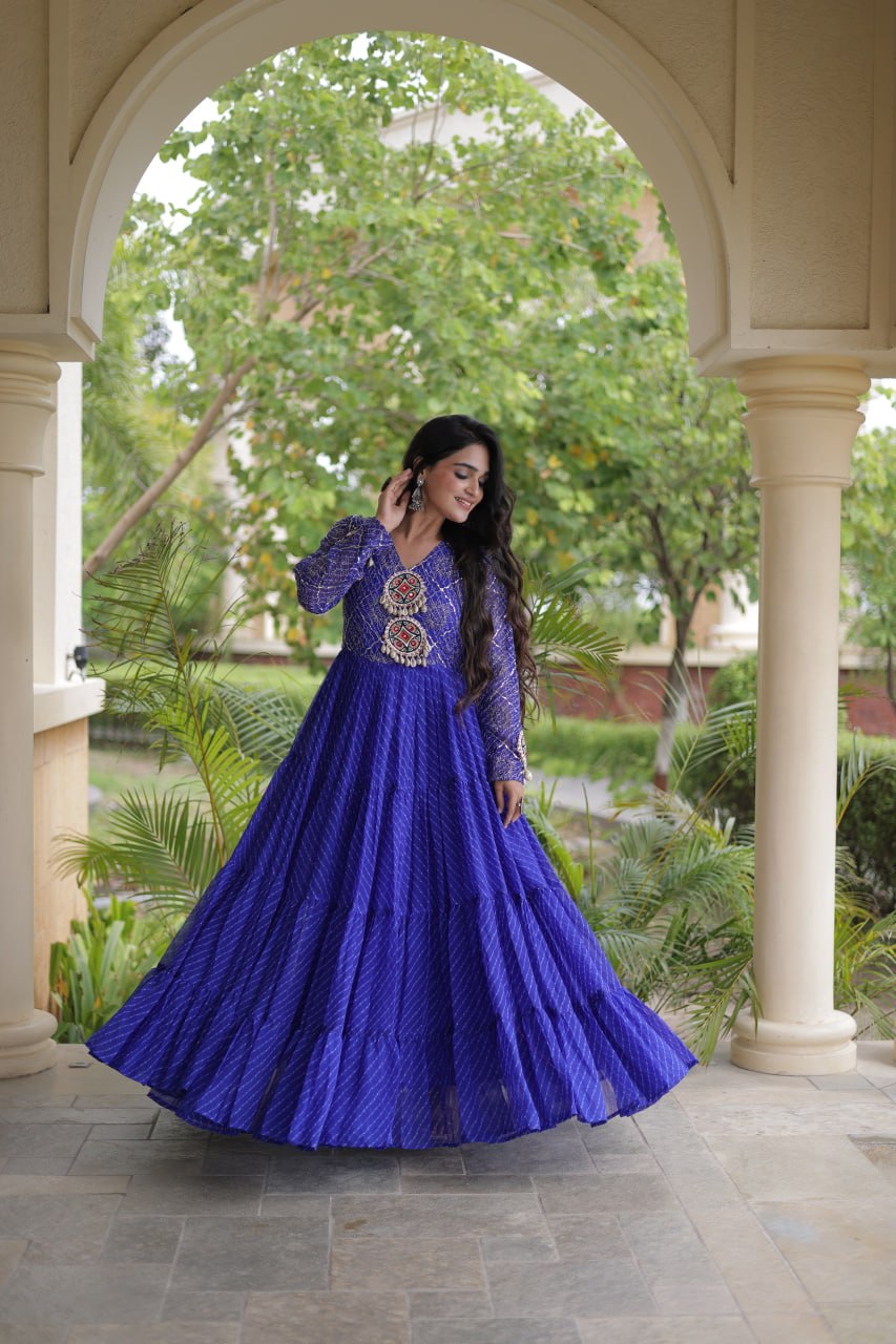 Jhanvi Blue Faux Georgette Laheriya Kutchi Patchwork Gown