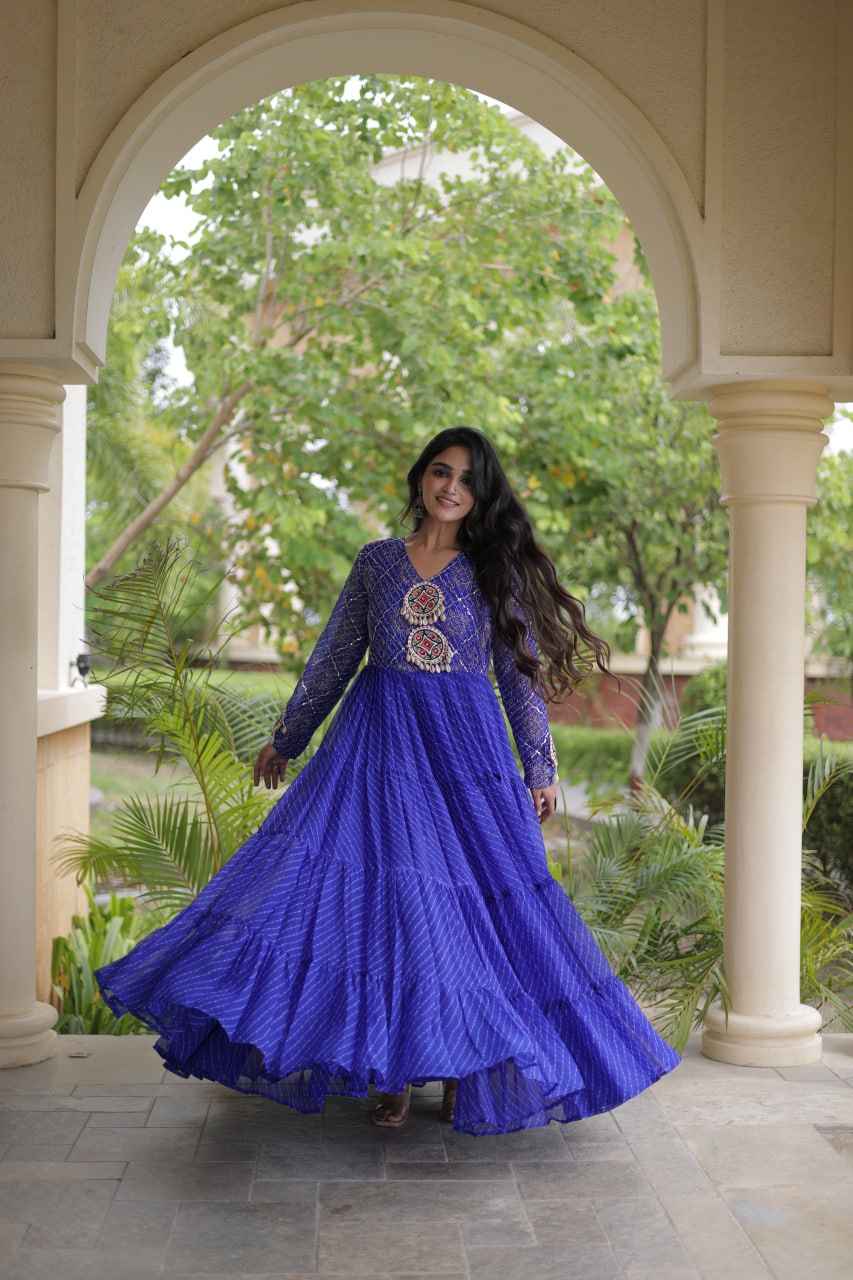 Jhanvi Blue Faux Georgette Laheriya Kutchi Patchwork Gown