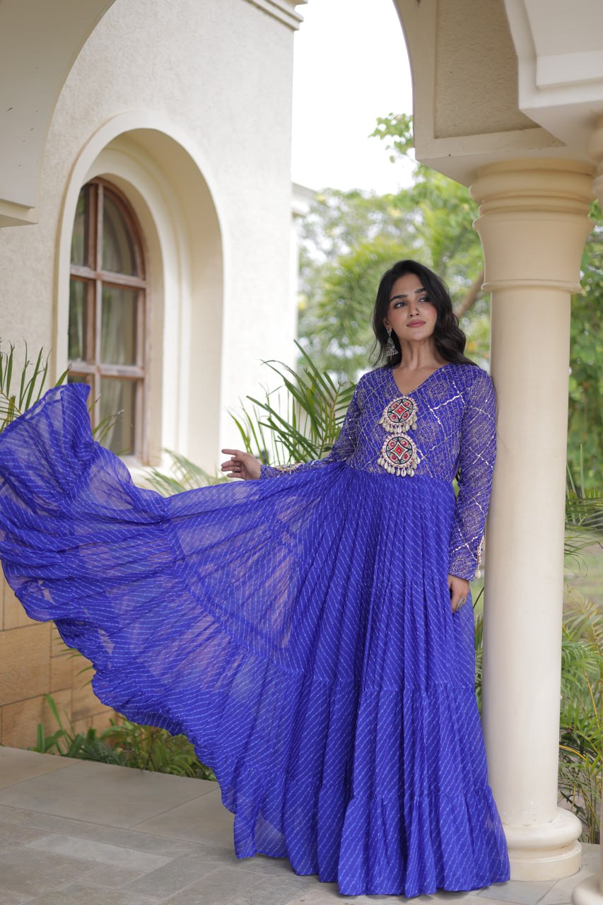 Jhanvi Blue Faux Georgette Laheriya Kutchi Patchwork Gown