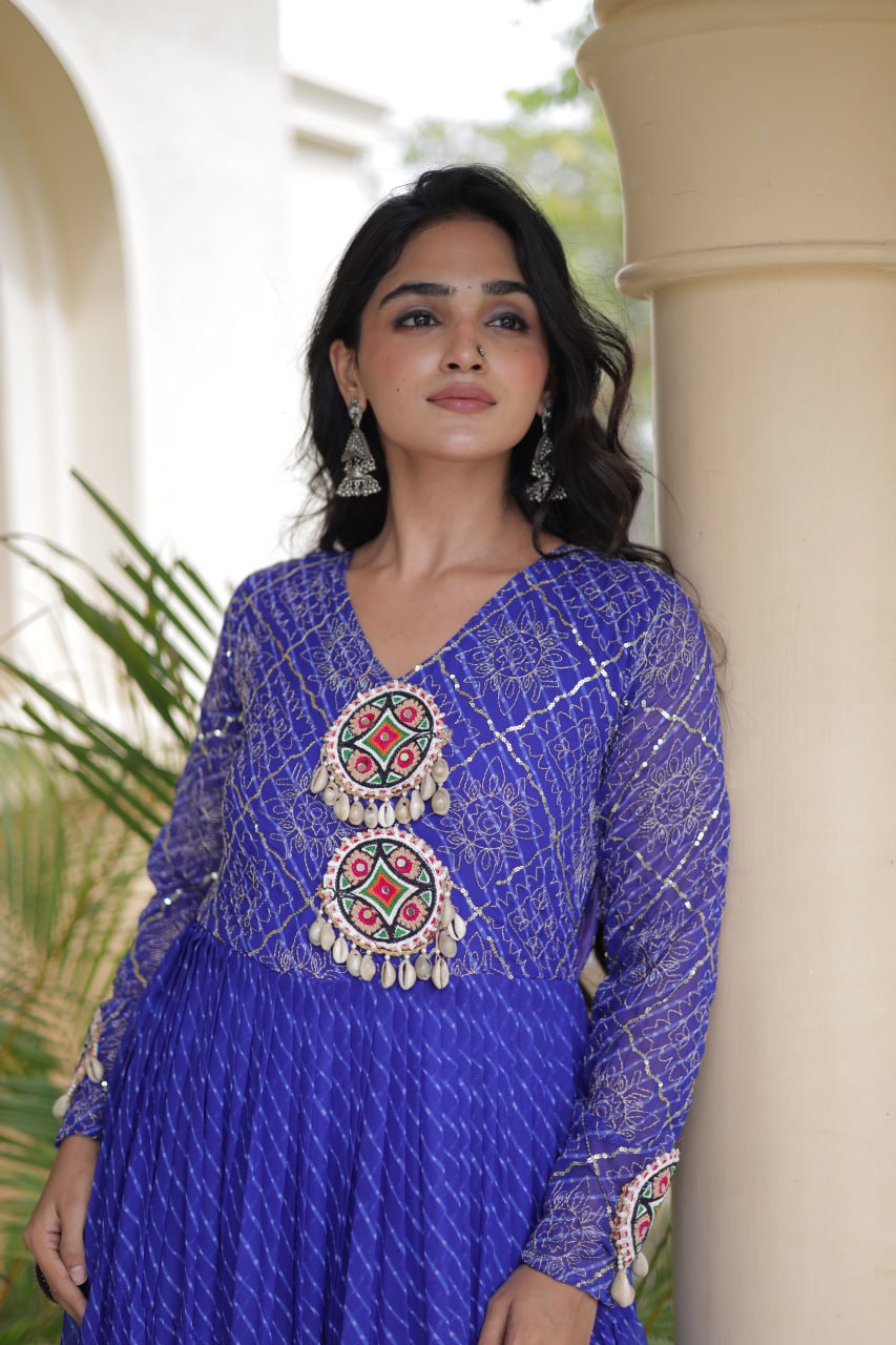 Jhanvi Blue Faux Georgette Laheriya Kutchi Patchwork Gown