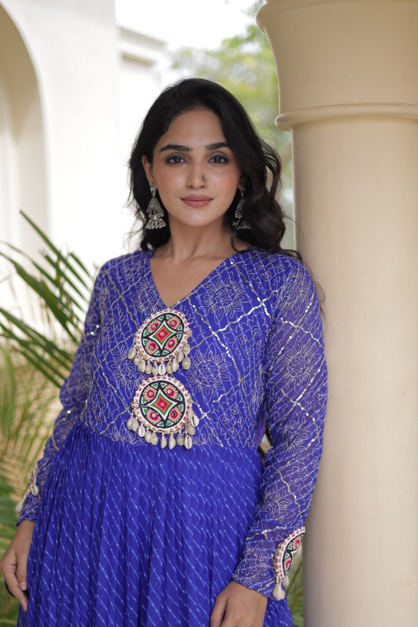 Jhanvi Blue Faux Georgette Laheriya Kutchi Patchwork Gown