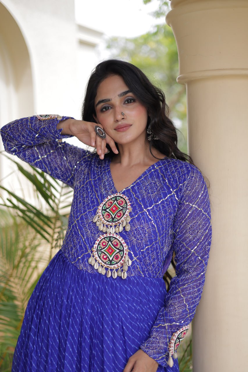 Jhanvi Blue Faux Georgette Laheriya Kutchi Patchwork Gown
