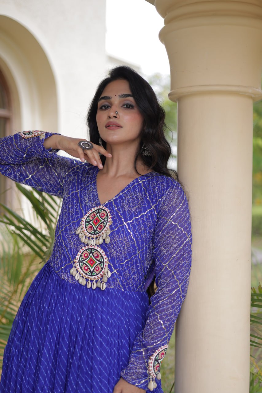 Jhanvi Blue Faux Georgette Laheriya Kutchi Patchwork Gown