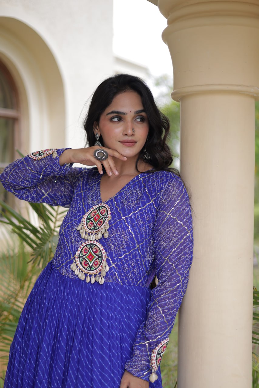 Jhanvi Blue Faux Georgette Laheriya Kutchi Patchwork Gown