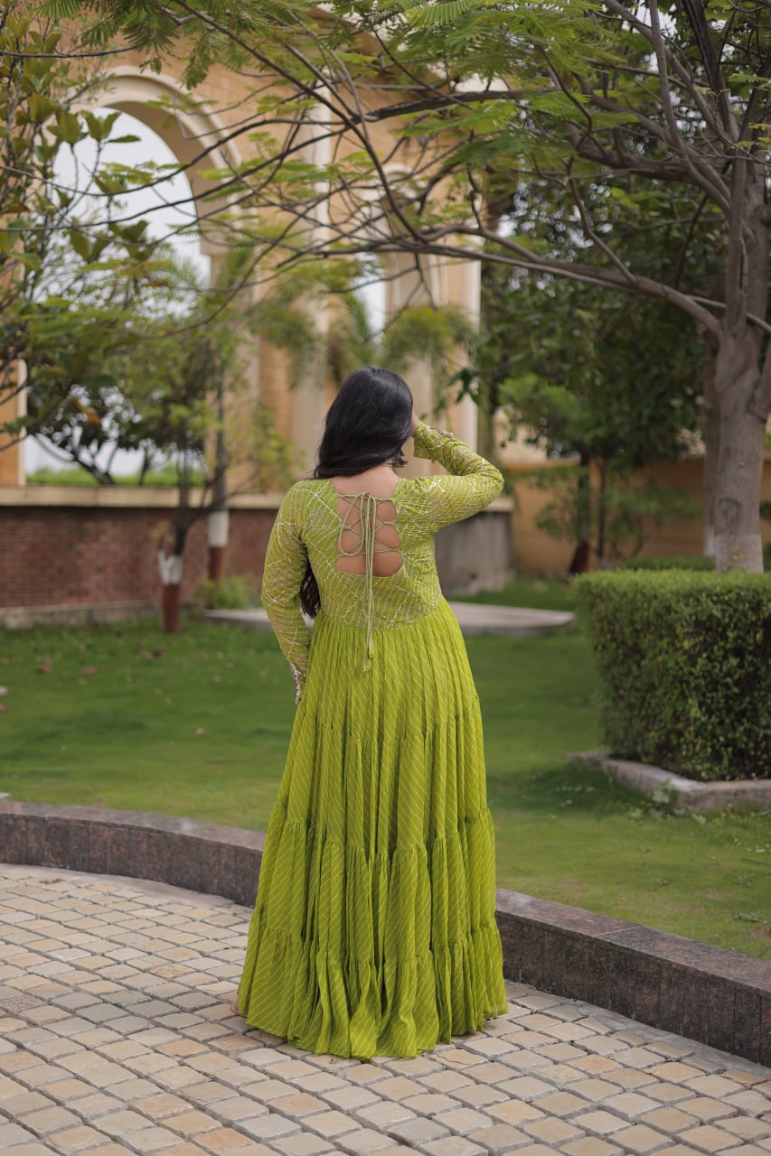 Jhanvi Green Faux Georgette Laheriya Kutchi Patchwork Gown