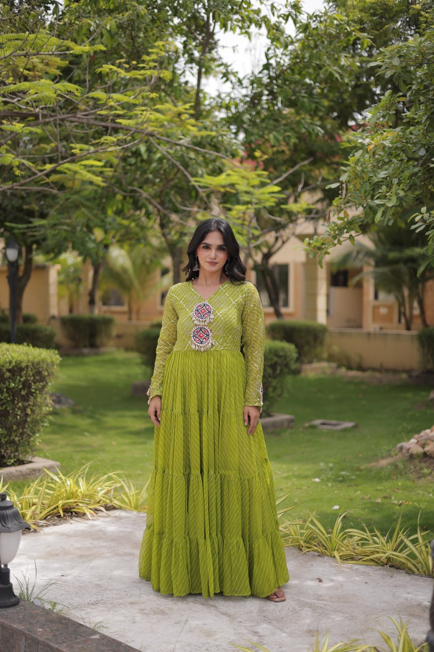 Jhanvi Green Faux Georgette Laheriya Kutchi Patchwork Gown