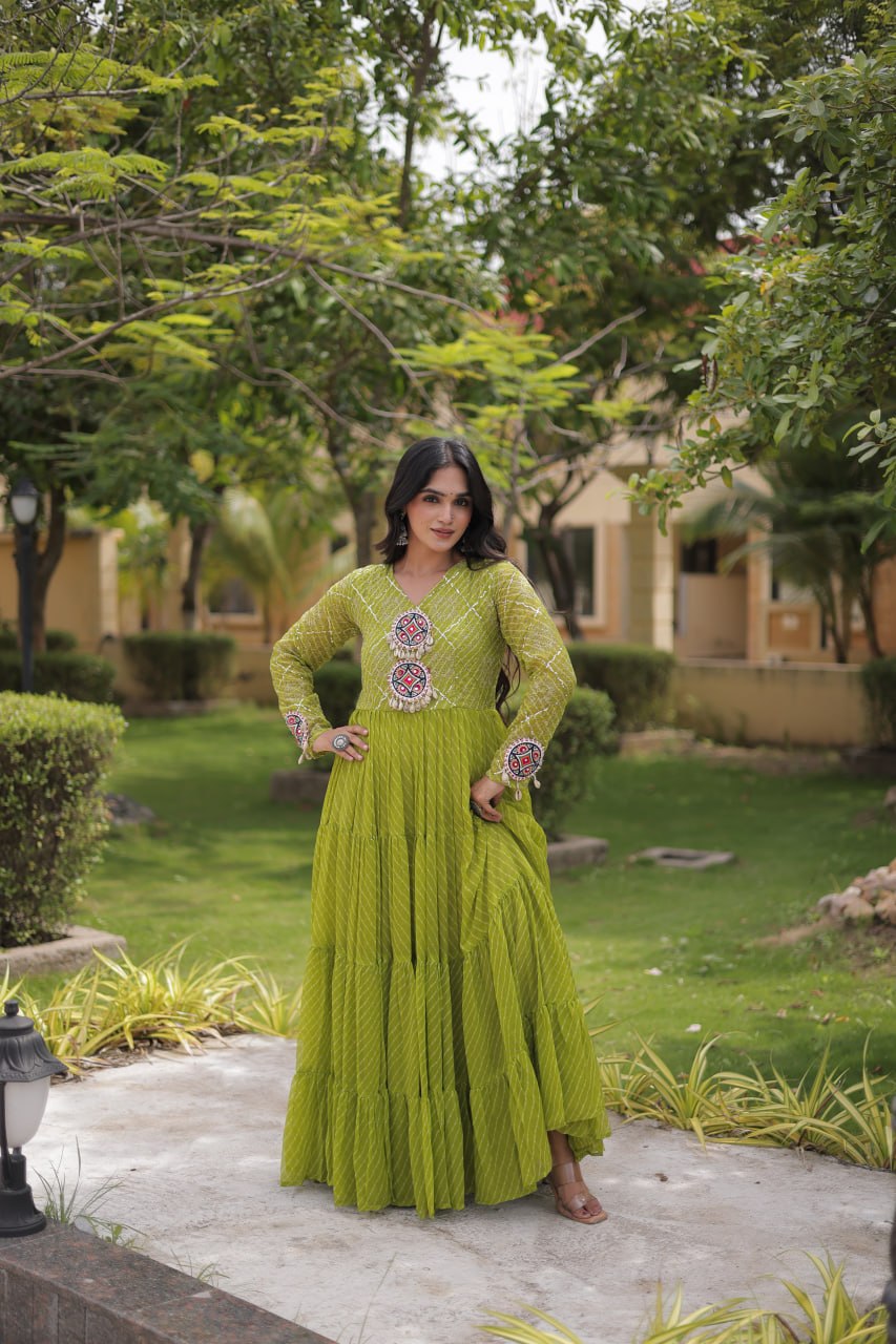 Jhanvi Green Faux Georgette Laheriya Kutchi Patchwork Gown