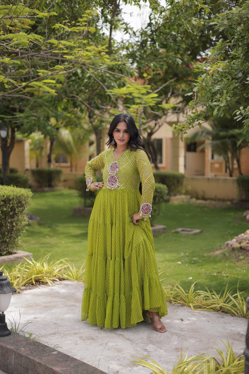 Jhanvi Green Faux Georgette Laheriya Kutchi Patchwork Gown