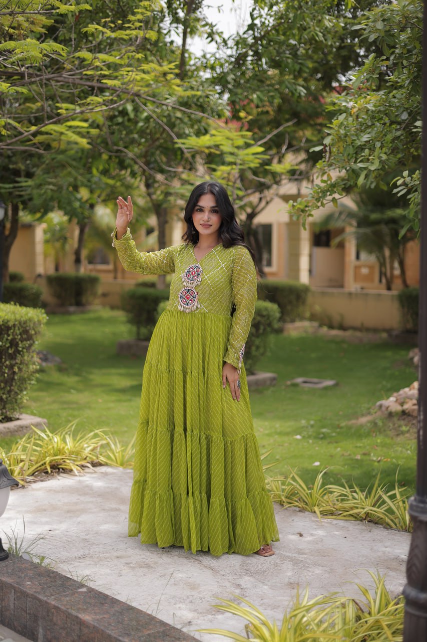 Jhanvi Green Faux Georgette Laheriya Kutchi Patchwork Gown